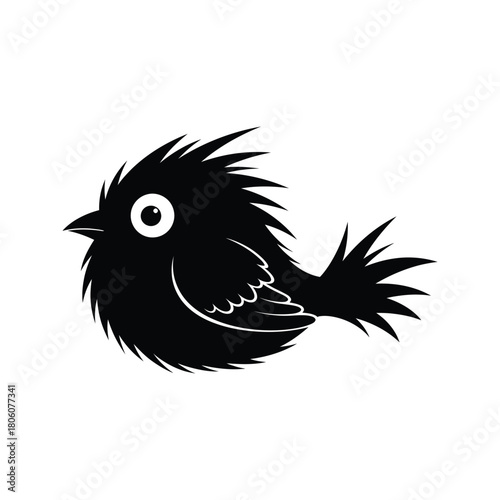 Cute cartoon black bird with spiky feathers and a big eye isolated on white background