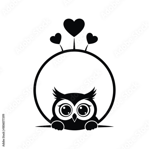 Cute cartoon owl with big eyes peeking from behind a circle with hearts on top