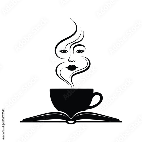 Elegant black silhouette of a woman s face emerging from coffee steam atop an open book