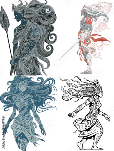 Fantasy tribal warriors with flowing hair, ornate markings, and detailed armor. Stylized character illustrations with mythological and cultural elements.