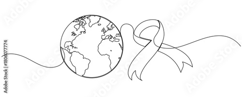 Icon ribbon aids with world on line art style