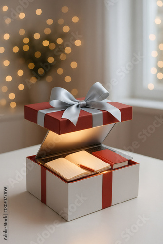 Elegant gift box with a silver ribbon, laptop, book, and pen, against a backdrop of soft, warm lights, ideal for inspiration and creativity.