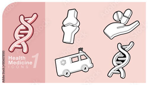 Collection of health and medicine icons including DNA strands, knee joints, a hand holding pills and an ambulance. Perfect for medical, wellness and healthcare related designs. Vector illustration.