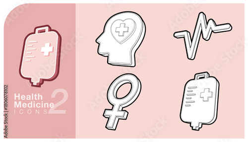 Set of health and medicine icons featuring a blood bag, a head with heart, heartbeat line and the female gender symbol. Ideal for healthcare, wellness and medical themed designs. Vector illustration.