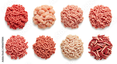 Variety of raw minced meat products arranged on a transparent background
