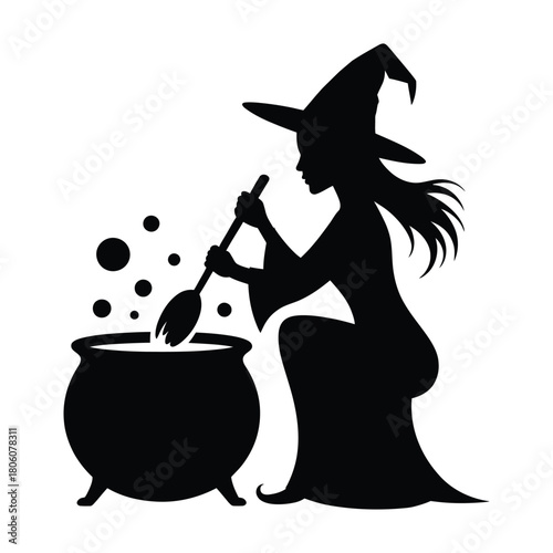 Witch stirring cauldron with spoon Vector, Silhouette, Illustration