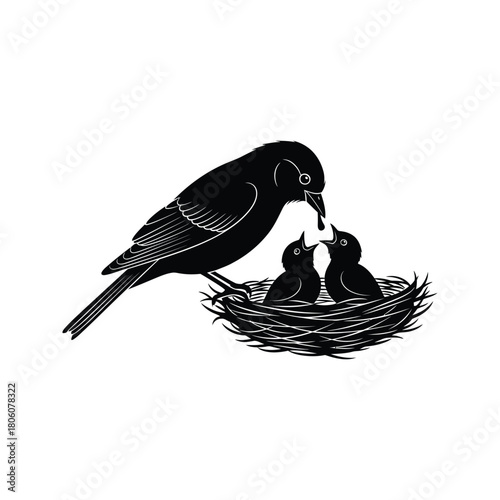 Silhouette of a mother bird feeding her two hungry chicks in a nest against a white background