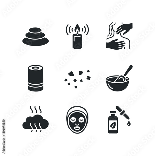 Collection of spa and wellness icons including massage, aromatherapy, and facial care treatments