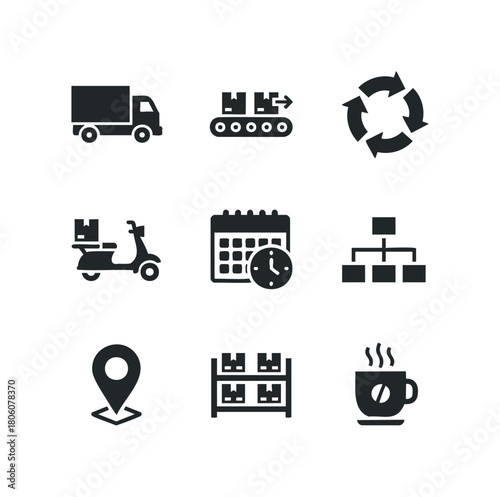 Set of icons representing logistics, delivery, and operations including a truck, conveyor belt, recycling symbol, scooter, calendar, organizational chart, pin, warehouse shelves, and coffee cup