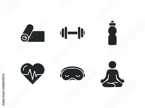 Collection of six black icons representing wellness activities including yoga mat, dumbbell, water bottle, heartbeat, sleep mask, and meditation pose.