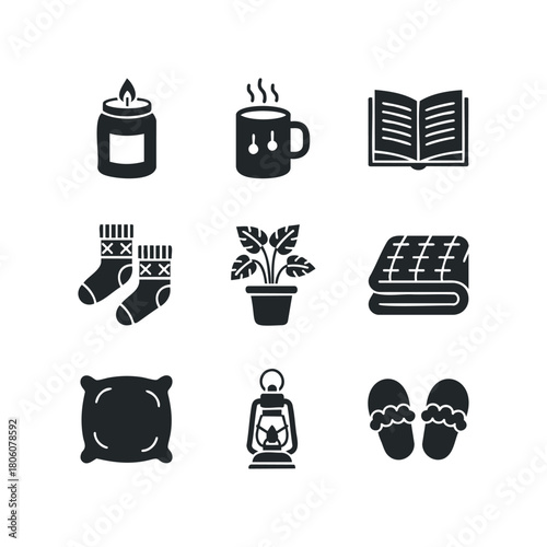 Cozy indoor icons featuring a lit candle, steaming mug, open book, warm socks, potted plant, folded blanket, plush pillow, lantern, and slippers