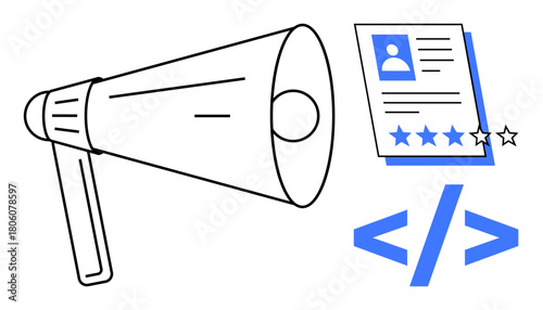 Megaphone amplifying messages, a profile with a star rating, and coding brackets reinforcing themes of hiring, feedback, technology, and online communication. Ideal for recruitment, marketing