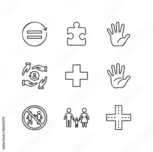 Set of simplified line icons representing equality, partnership, safety, family, and prohibition signs
