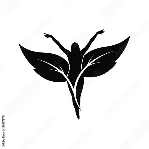 Silhouette of a woman with outstretched arms emerging from stylized green leaves symbolizing growth and nature
