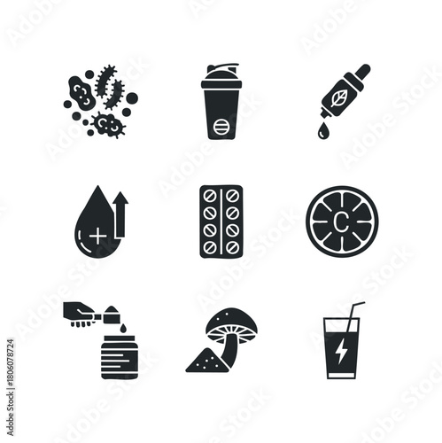 Collection of health and wellness icons including microbes, pill blister pack, dropper bottle, shaker, vitamin C, mushroom, and energy drink