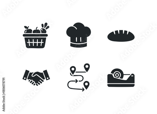 Collection of six distinct glyph icons representing food, culinary, teamwork, and logistics concepts