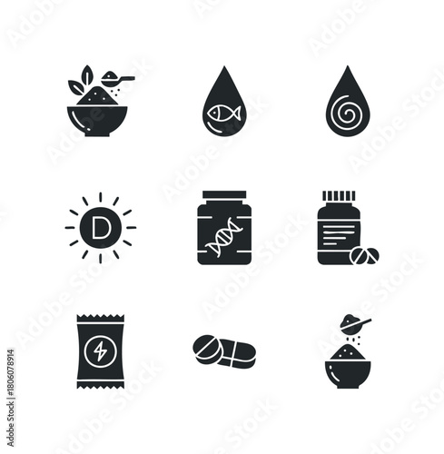 Collection of healthcare icons featuring vitamin D, DNA, pills, and supplements