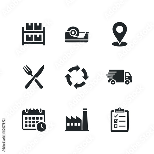 Set of icons representing logistics, delivery, manufacturing, time, and planning, including shelves, tape dispenser, location marker, fork and knife, cycle arrows, truck, calendar, factory, checklist.