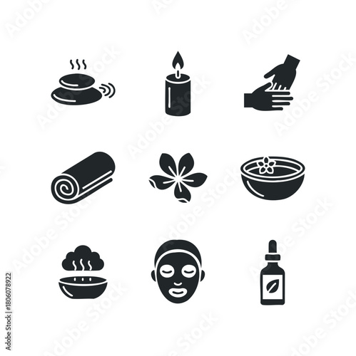 Collection of spa and wellness icons depicting hot stones, candle, massage, towel, flower, bath bowl, steam bowl, face mask, and oil droplet