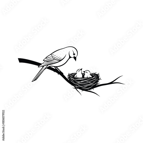 Stylized black and white illustration of a parent bird feeding its chicks in a nest on a tree branch