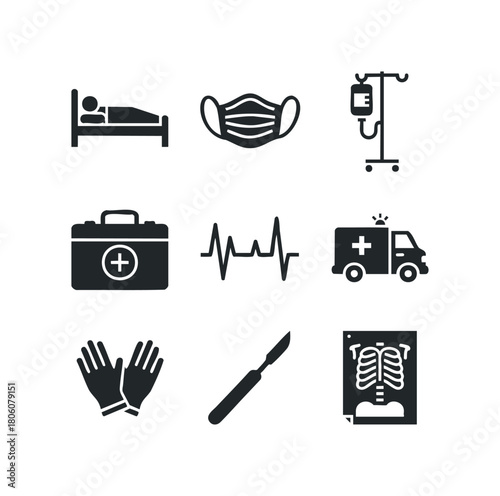 Set of monochrome medical icons depicting a patient in bed, mask, IV drip, first aid kit, heartbeat, ambulance, gloves, scalpel, and X-ray