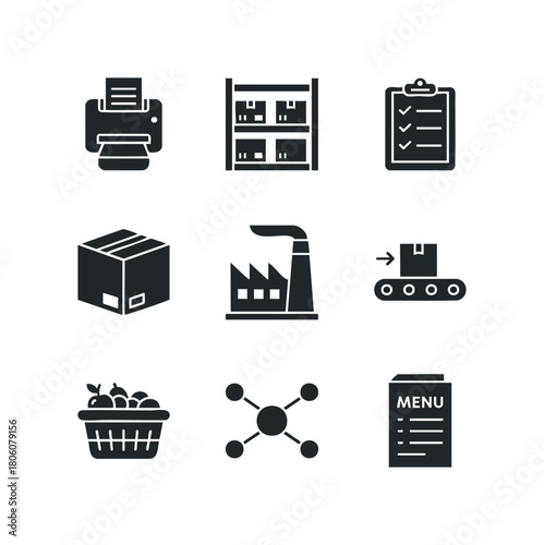 Set of graphic icons representing logistics and business operations including printer, boxes on shelves, checklist, shipping container, factory, conveyor belt, fruit basket, network structure, menu