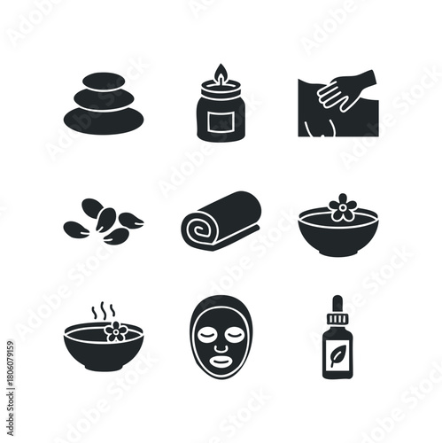 Collection of stylized black icons depicting spa treatments, wellness products, and relaxation elements against a white background.