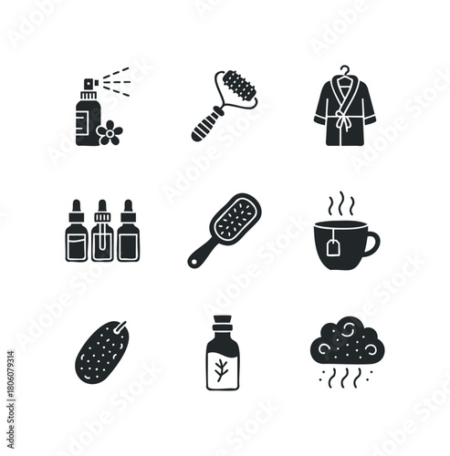 Spa and Wellness Icons Collection Featuring Skincare Tools, Robe, and Refreshing Beverages