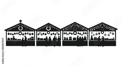 Silhouette of a charming christmas market with decorated stalls and festive trees under falling snow