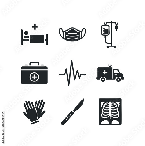 Collection of medical icons including hospital bed, surgical mask, IV drip, first aid kit, heartbeat line, ambulance, gloves, scalpel, and rib cage x-ray