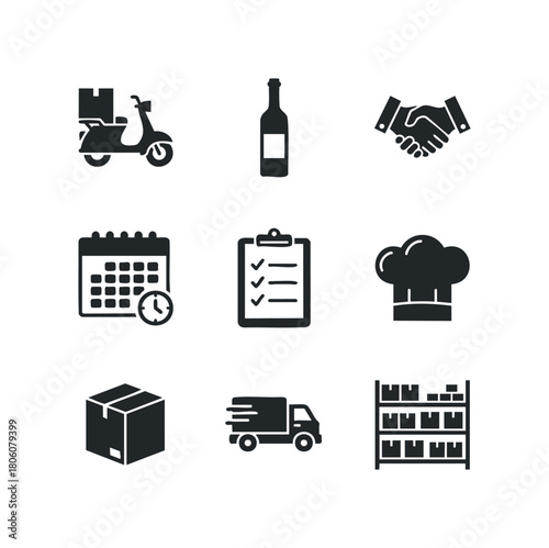 Collection of simple silhouette icons depicting delivery scooter, wine bottle, handshake, calendar, checklist, chef hat, box, truck, and storage shelves.