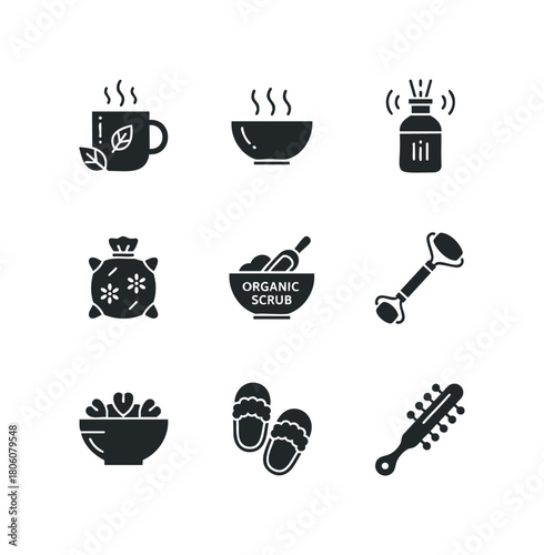 Collection of nine black solid glyph icons representing wellness and relaxation items including a hot beverage, a bowl of food, and spa accessories