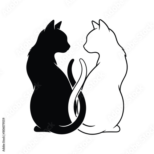 Stylized yin yang symbol formed by two cats one black silhouette and one white outline facing each other