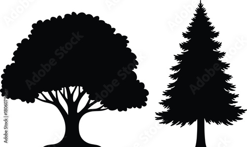 Black tree silhouette vector collection, deciduous oak illustration, coniferous pine design, forest landscape artwork, nature woodland graphic, botanical decorative element