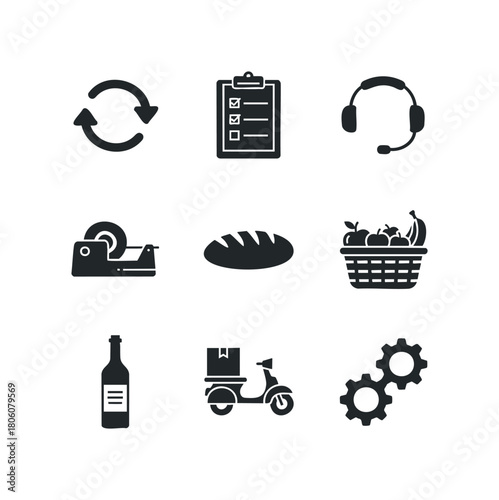 Collection of nine simple black icons representing business logistics and services including a refresh symbol, checklist, headphones, tape dispenser, bread, fruit basket, bottle, scooter, and gears