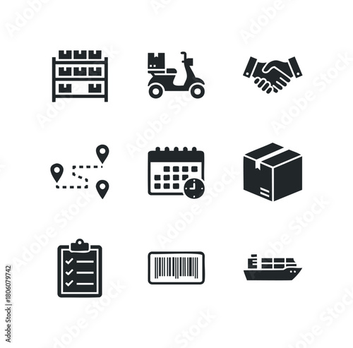 Collection of Flat Icons Representing Logistics and Shipping Services with Warehousing and Delivery Elements