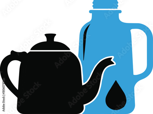 Black teapot silhouette with spout, blue water bottle icon, beverage container vector design, hydration kitchenware illustration, drink preparation graphic template