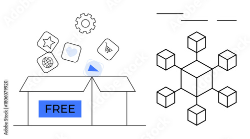 Open box releasing app icons star, heart, globe, cart alongside interconnected cubes. Ideal for innovation, networking, open source, development collaboration distribution communication. Simple