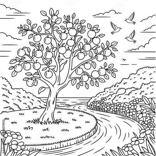 An apple tree with fruit a winding path and birds in the sky