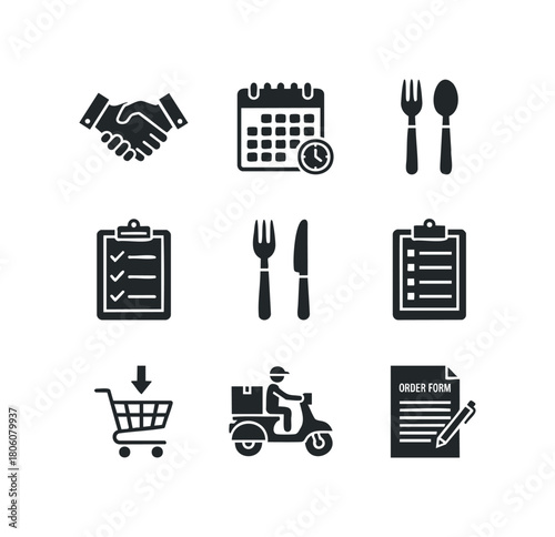 Collection of icons representing food service business operations including ordering, delivery, and agreements