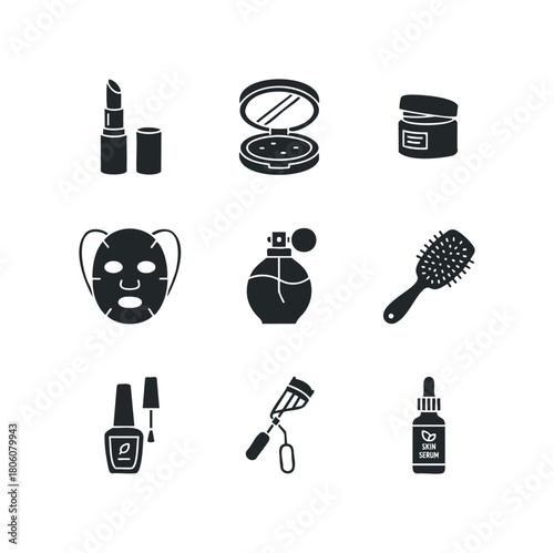 Collection of icons representing cosmetic and personal care items including lipstick, powder compact, cream jar, face mask, perfume bottle, hairbrush, nail polish, eyelash curler, and serum bottle.
