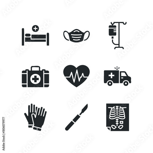 Set of black medical icons representing healthcare services, patient care, emergency response, and surgical procedures on a white background.