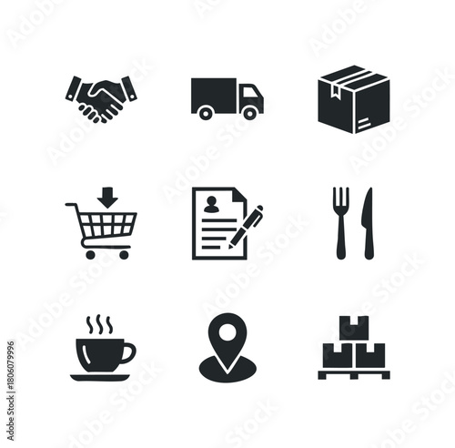 Collection of flat design silhouette icons depicting business and commerce concepts including handshake, delivery truck, package, shopping cart, document, cutlery, coffee cup, map pin, cargo pallet.
