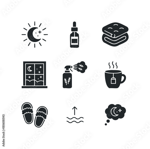 Set of nine glyph icons representing nighttime relaxation and sleep preparation including moon, stars, drops, spray, tea, window, slippers, water waves, and thought bubble.