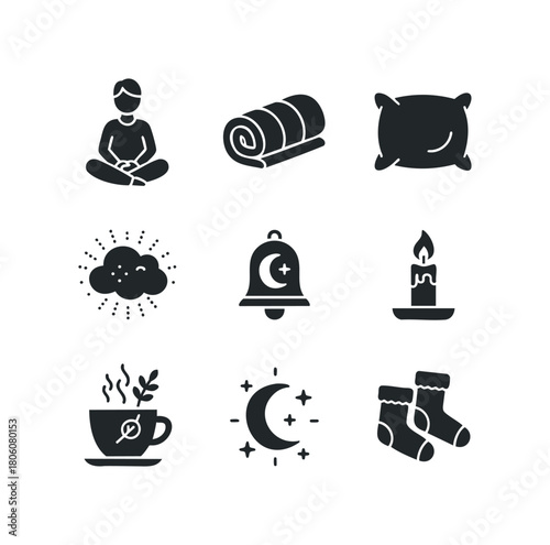 Collection of black icons representing symbols for relaxation meditation sleep comfort and warmth