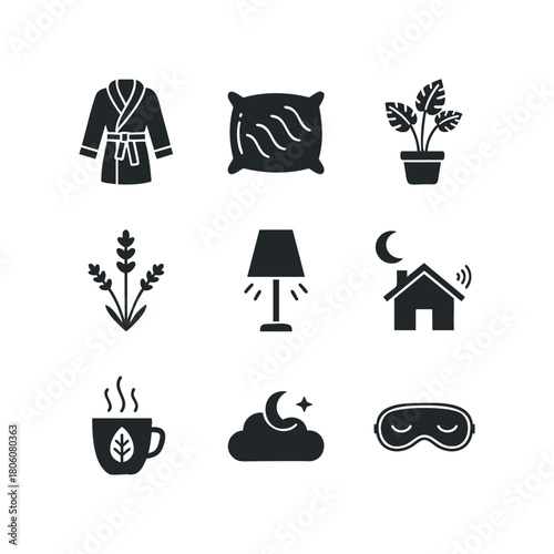Collection of simple graphic icons representing relaxation and comfort at home including a robe, pillow, plant, lavender, lamp, house, tea, cloud, and sleep mask