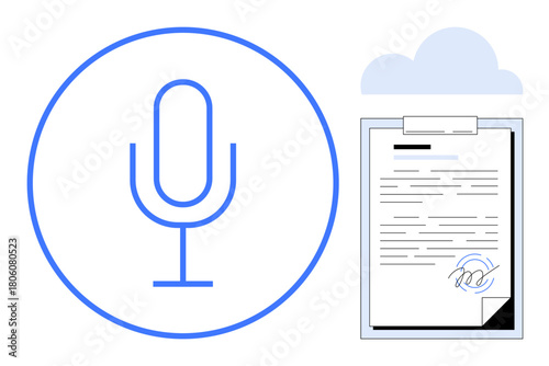 Microphone icon, signed document on clipboard, and cloud icon representing audio recording, digital signatures, cloud storage, remote access, online collaboration, technology, and productivity
