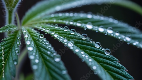 Cannabis leaf close up with water droplets sparkling in natural light