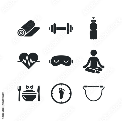 Collection of nine health and wellness icons including yoga mat, weights, water bottle, heart pulse, sleep mask, meditation figure, healthy meal, footprint, and resistance band