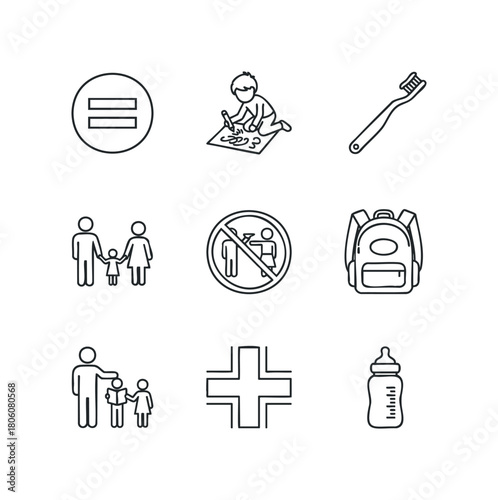 Set of simple line icons for healthcare, family, education, and daily items with a clean outline on white